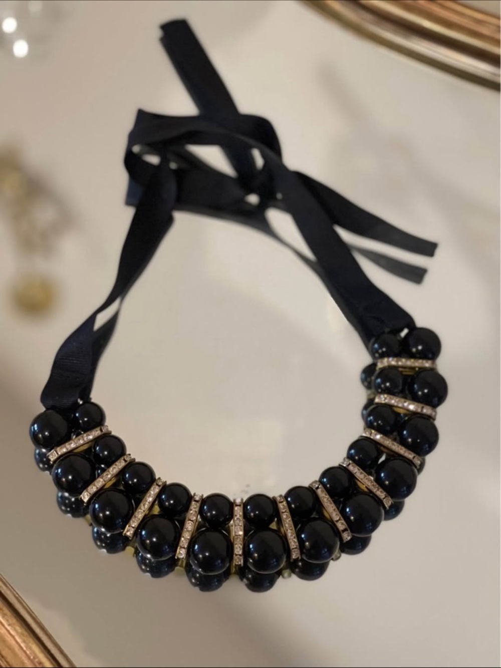 Black Beaded Ribbon Statement Necklace - Unbranded